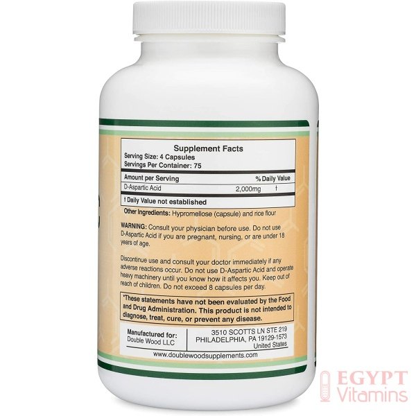 Double Wood Supplements D-Aspartic Acid (DAA) 2,000mg Per Serving, 300 Capsules, Promotes Athletic Performance and Testosterone Levels (Vegan Safe, Non-GMO, Gluten Free, Made in The USA مكملات دبل وود حمض الاسبارتيك 2,000 مجم للجرعة ، لتحسين الأداء الرياضى ورفع مستوى هرمون التستوستيرون 300 كبسولة - الصورة 5