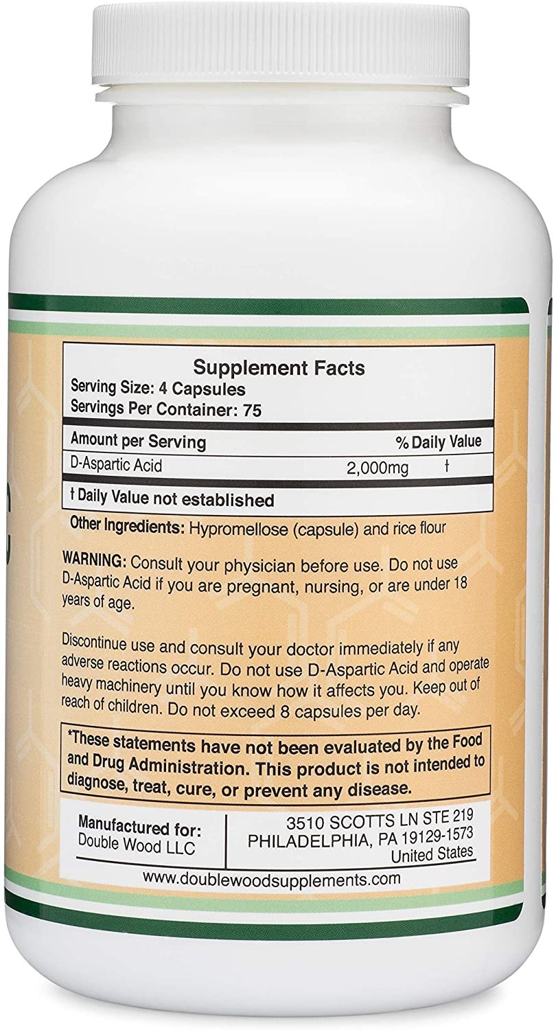 Double Wood Supplements D-Aspartic Acid (DAA) 2,000mg Per Serving, 300 Capsules, Promotes Athletic Performance and Testosterone Levels (Vegan Safe, Non-GMO, Gluten Free, Made in The USA مكملات دبل وود حمض الاسبارتيك 2,000 مجم للجرعة ، لتحسين الأداء الرياضى ورفع مستوى هرمون التستوستيرون 300 كبسولة - الصورة 2