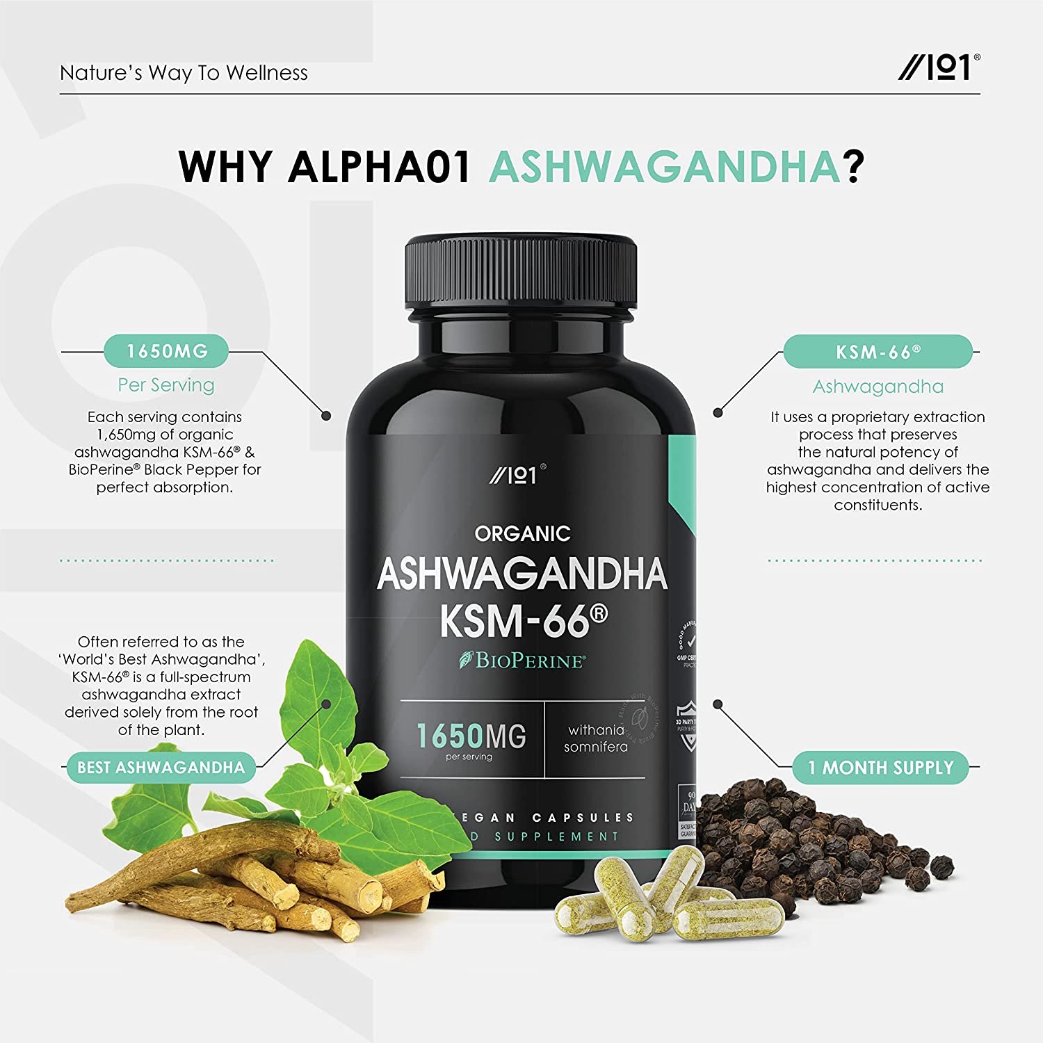 Ashwagandha KSM-66 with BioPerine1650mg – 90 Capsulesالأشواجندا العضوية ك اس ام _66 مع الفلفل الأسود العضوى لسهولة الإمتصاص ، 90 كبسولة - الصورة 6