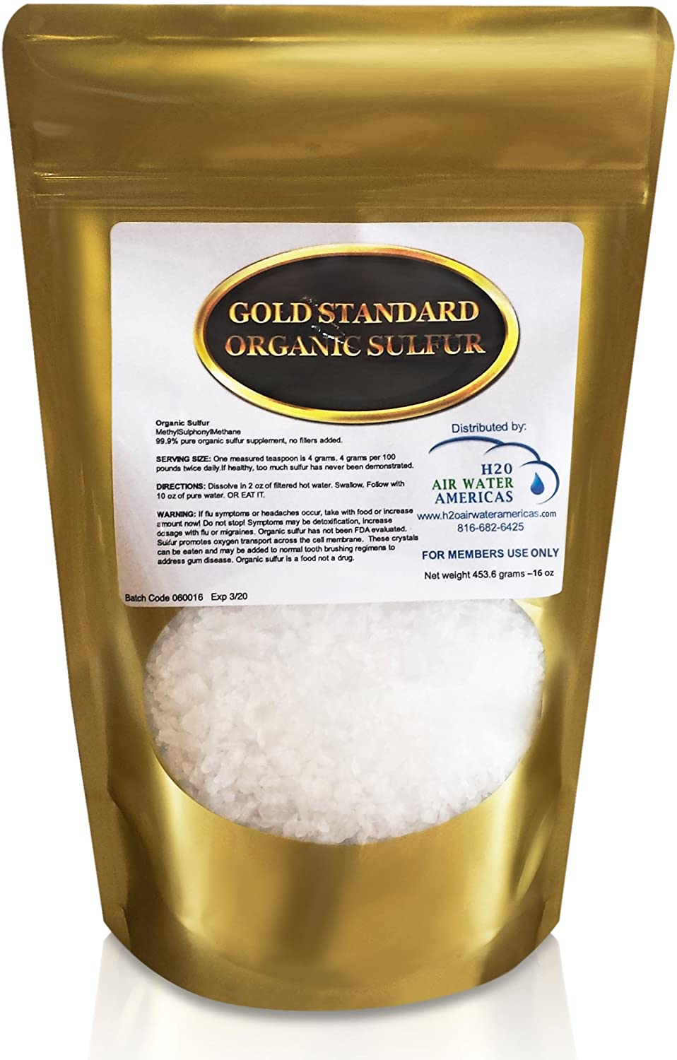 Gold Standard Organic Sulfur Crystals 1lb – 99.9% Pure MSM Crystals – Largest Granular Flakes Available – 3rd Party Tested بلورات ميثيل سلفونيل ميثان -453.6جرام