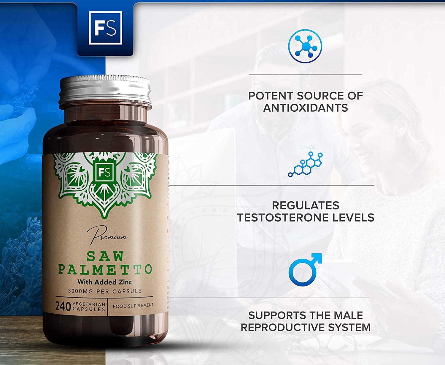 FS Saw Palmetto Capsules High Strength 3000mg with Added Zinc 15mg | Saw Palmetto Extract (20:1) | 240 Vegan Capsules – 8 Month Supply | Gluten Freeمستخلص بالميتو المنشار 3000 مجم للكبسولة بنسبة إستخلاص 1 : 20 مع الزنك ، 240 كبسولة نباتية تكفى 8 أشهر - الصورة 5