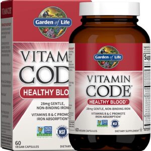 Garden of Life Vitamin Code Iron Supplement, Healthy Blood – 60 Vegan Capsules, 28g Iron, Vitamins B, C, Trace Minerals, Fruit Veggies & Probiotics, Iron Supplements for Women Energy & Anemia Support جاردن اوف لايف فيتامين كود لصحة الدم حديد وفيتامين ب وفيتامين سي ومعادن ومستخلص الفاكهه العضوية والبروبيوتك لدعم الطاقة ولعلاج فقر الدم 60 كبسولة نباتية