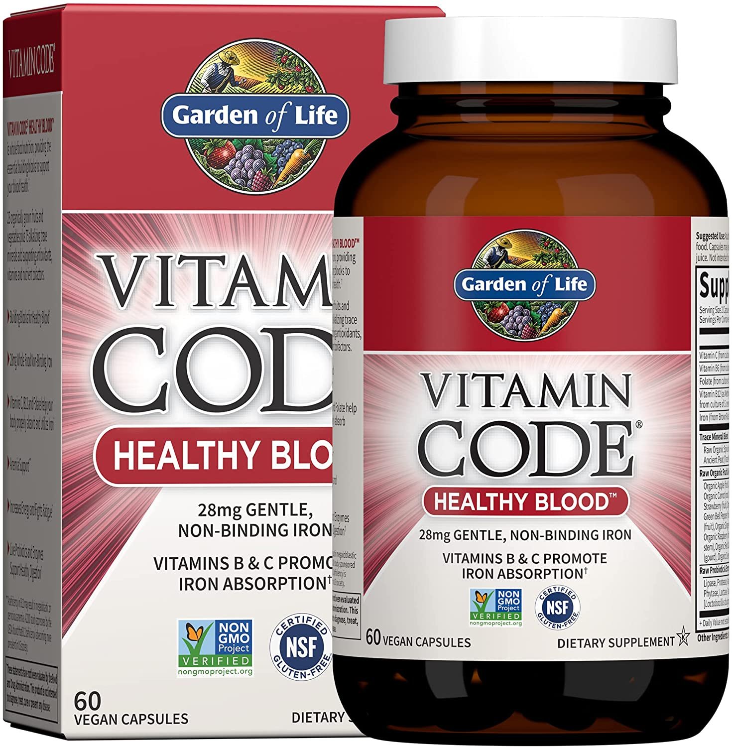 Garden of Life Vitamin Code Iron Supplement, Healthy Blood – 60 Vegan Capsules, 28g Iron, Vitamins B, C, Trace Minerals, Fruit Veggies & Probiotics, Iron Supplements for Women Energy & Anemia Support جاردن اوف لايف فيتامين كود لصحة الدم حديد وفيتامين ب وفيتامين سي ومعادن ومستخلص الفاكهه العضوية والبروبيوتك لدعم الطاقة ولعلاج فقر الدم 60 كبسولة نباتية