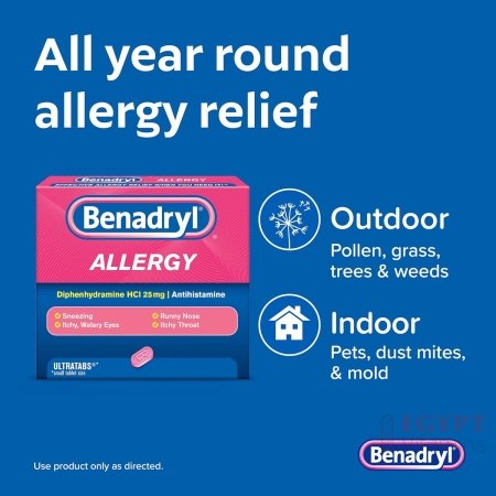 Benadryl Ultratabs Allergy Medicine, 25 mg Diphenhydramine HCl Antihistamine Tablets For Cold & Allergy Relief of Symptoms Like Sneezing, Runny Nose, Itchy Eyes & Throat, Hay Fever, 100 Tablets - الصورة 20