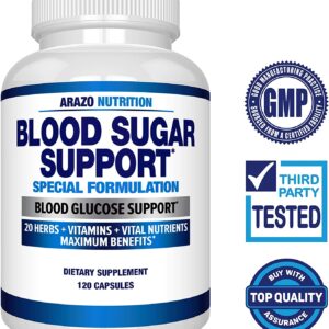 Arazo Nutrition Blood Sugar Support Supplement – 20 Herbs & Multivitamin for Blood Sugar Control – 120 Pills مكمل لدعم سكر الدم ، 20 عشب و فيتامينات متعددة للتحكم فى سكر الدم ، 120 حباية