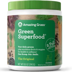 Amazing Grass Green Superfood: Super Greens Powder with Spirulina, Chlorella, Digestive Enzymes & Probiotics, Original, 30 Servings سوبر فود الأخضر ، مسحوق سوبر فود مع السبيرولينا والكلوريلا و انزيمات الهضم والبروبيوتك ، 30 جرعة