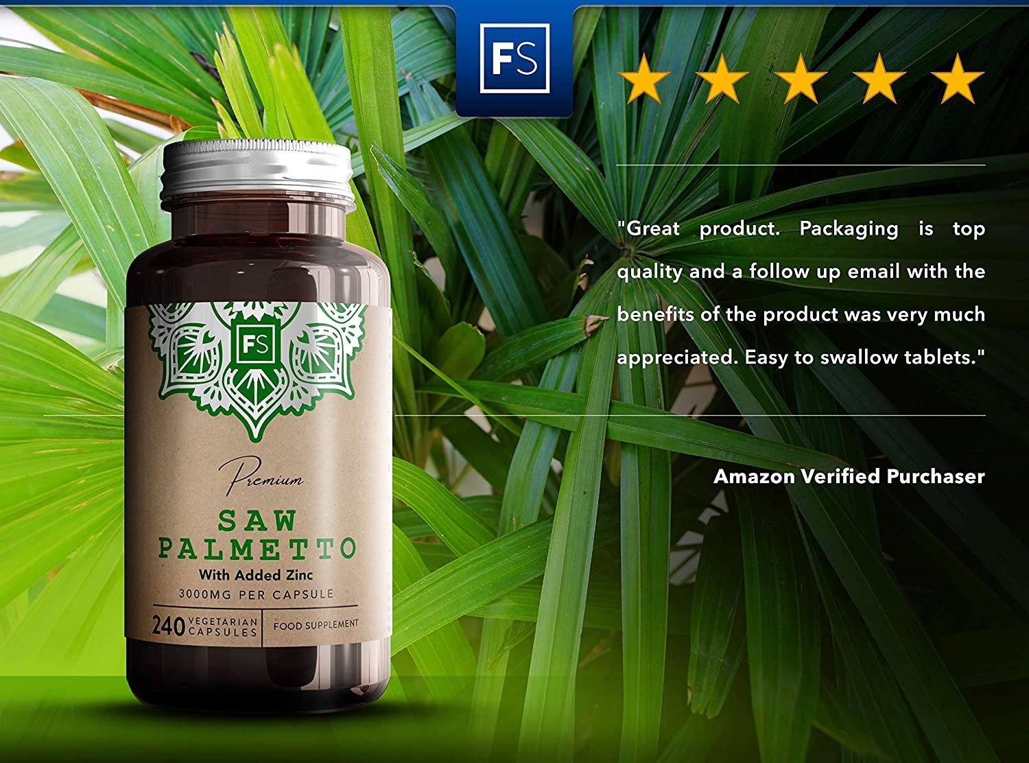 FS Saw Palmetto Capsules High Strength 3000mg with Added Zinc 15mg | Saw Palmetto Extract (20:1) | 240 Vegan Capsules – 8 Month Supply | Gluten Freeمستخلص بالميتو المنشار 3000 مجم للكبسولة بنسبة إستخلاص 1 : 20 مع الزنك ، 240 كبسولة نباتية تكفى 8 أشهر - الصورة 4