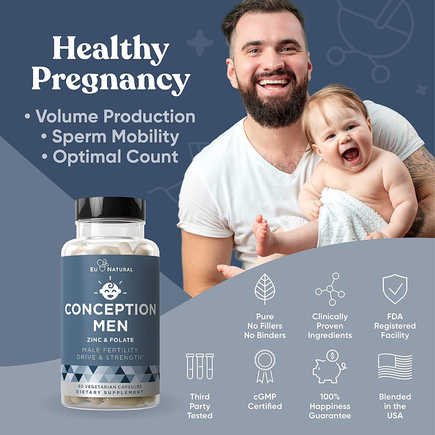 Eu Natural Conception Men Fertility Vitamins – Male Optimal Count, Motility Strength, Healthy Volume Production – Zinc, Folate, Ashwagandha Pills – 60 Vegetarian Soft Capsules فيتامينات الخصوبة للرجال ، مع الزنك وحمض الفوليك والأشواجندا ، لزيادة الخصوبة ، و تحسين الصحة الإنجابية ، 60 كبسولة نباتية - الصورة 4