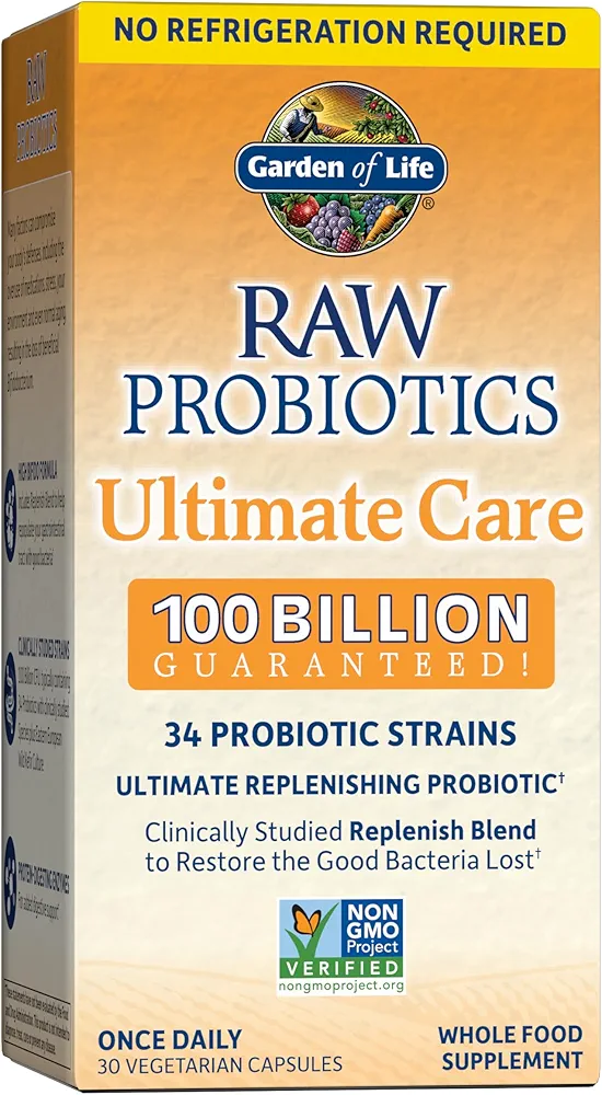 Garden of Life Raw Probiotics: 100 Billion CFU, 34 Strains, Digestive Enzymes | 30 Capsules
