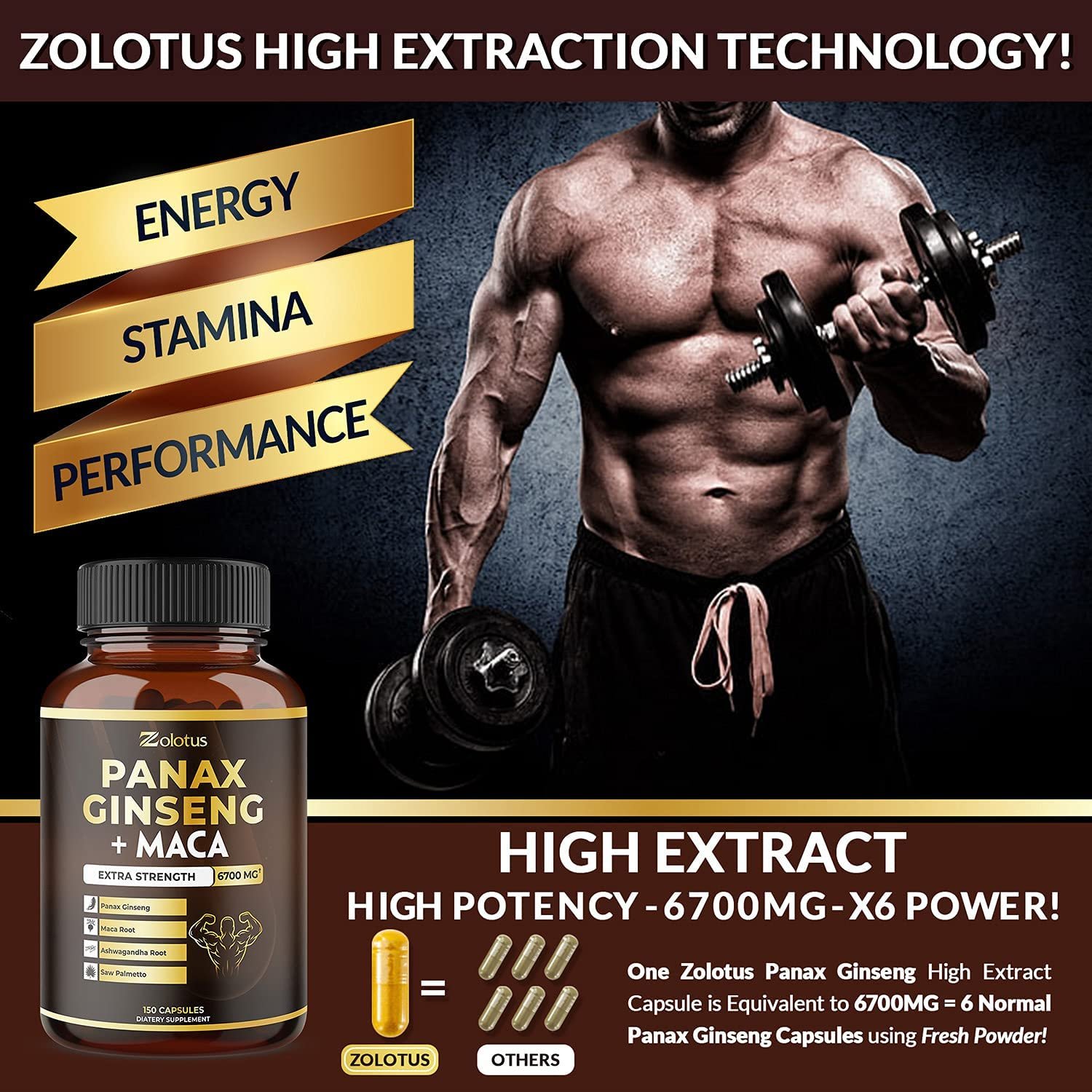 5 in 1 Panax Ginseng + Maca, 5 Months Supply, 6700 mg per Capsule with Ashwagandha, Tribulus Terrestris, Saw Palmetto, Boost Energy, Stamina, Powerful Strength, Endurance Supplement, Mood Support - الصورة 4