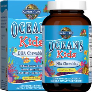 Garden of Life Fish Oil Omega 3 for Kids – Oceans Kids DHA Cod Liver Oil Chewable Softgels – Berry Lime, 120mg, EPA, Vitamin A, D3 – Sugar Free Fish Oil Supplement, Multi, 120 Count
