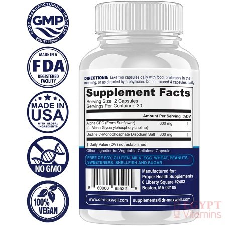 Alpha GPC 600mg + Uridine, a Choline Enhancer. Better Than Alpha-GPC or Uridine Аlone. Best Alpha GPC Choline: 2in1, Soy Free, No Fillers, USA. Best Choline Form, 60 Pills, Money Back Guarantee الفا ج ب س 600 مجم اليوريدين ، محسن الكولين (أفضل شكل للكولين) 60 حباية - الصورة 20