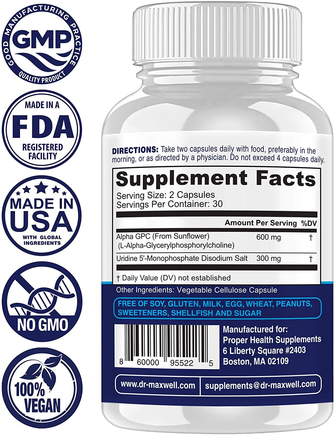 Alpha GPC 600mg + Uridine, a Choline Enhancer. Better Than Alpha-GPC or Uridine Аlone. Best Alpha GPC Choline: 2in1, Soy Free, No Fillers, USA. Best Choline Form, 60 Pills, Money Back Guarantee الفا ج ب س 600 مجم اليوريدين ، محسن الكولين (أفضل شكل للكولين) 60 حباية - الصورة 4