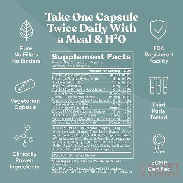 Eu Natural Conception Fertility Prenatal Vitamins – Regulate Your Cycle, Balance Hormones, Aid Ovulation – Myo-Inositol, Vitex, Folate Folic Acid Pills – 60 Vegetarian Soft Capsules فيتامينات لزيادة الخصوبة الطبيعى ، وتعزيز الحمل الصحى ، وحفظ التوازن الهرمونى ، 60 كبسولة نباتية - الصورة 11