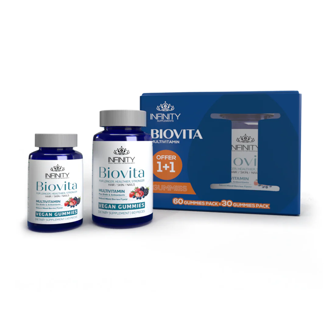 عرض علبة + علبة هدية Biovita Advanced gummies 90 - مكمل غذائي متقدم للشعر والجلد والأظافر - ®Infinity