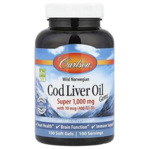 Carlson Norwegian Wild Cod Liver Oil Gems, Vitamin D3, Omega 3 Premium Product, 1000 mg, 100 Softgels
