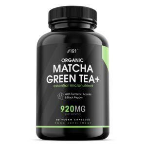 Alpha01 Organic Matcha Green Tea Capsules – 920mg – with Turmeric, Acerola & Black Pepper, 60 Vegan Capsules – No Additives — Non-GMO, Gluten Free. شاى ماتشا الأخضر العضوى 920 مجم مع الكركم والكرز الهندى والفلفل الأسود ، 60 كبسولة نباتية