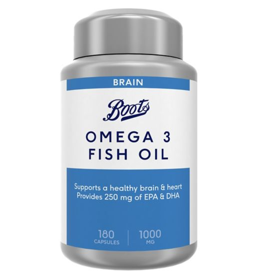 Boots Omega 3 Fish Oil 1000 mg 180 Capsules (6 month supply) بوتس، زيت السمك، أوميجا 3، 1000 مجم، 180 كبسولة، لصحة المخ والقلب