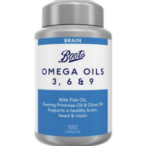 Boots Omega Oils 3 6 & 9 180 Capsules (6 month supply) بوتس ،زيت السمك، خليط من أوميجا 3 ,6 & 9 مع زيت الزيتون و زيت زهرة الربيع المسائى 180 كبسولة