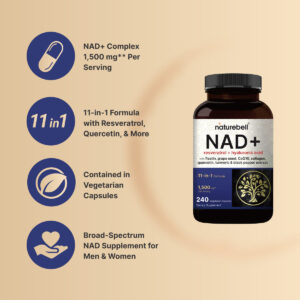 Nature Bell NAD+ 1,500mg Per Serving with resveratrol,hyaluronic acid ,CoQ10 , grape seed extract, turmeric root extract, quercetin, collagen peptides, 240 Veggie Capsules