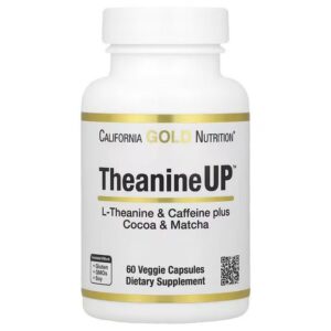 CALIFORNIA GOLD NUTRITION TheanineUP L Theanine & Caffeine plus Cocoa & Matcha 60 Vegetarian Capsules