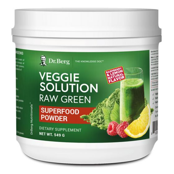 Dr Berg’s Veggie Solution Flavored (Sweetened محلول نباتى ، الخام الأخضر (مسحوق الطعام الخارق) بطعم الراسبيرى والليمون الطبيعى ، 549 جرام