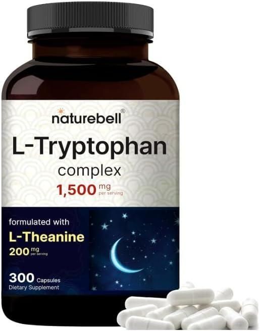 L-Tryptophan 1500mg with L-Theanine 200mg ,300 Capsules, Premium Amino Acid Complex